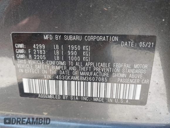 2021 Subaru Impreza Special Sports with VIN 4S3GKAM68M3607085, listed as a IAAI auction lot 42072492 with 37,870 mi miles and . Bid and sale history available at DreamBid. Image 9.
