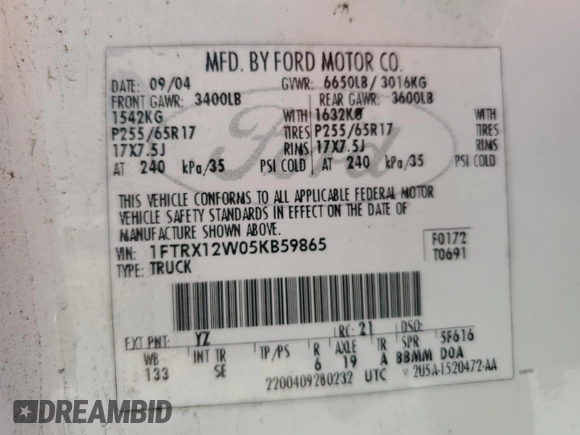 2005 Ford F-150 STX with VIN 1FTRX12W05KB59865, listed as a Copart auction lot 54314725 with 174,752 mi miles and Clean Title. Bid and sale history available at carsss.com. Image 12.