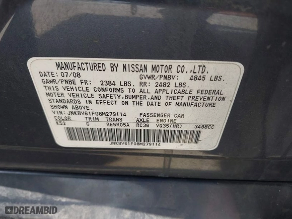 2008 Infiniti G35 Sedan x with VIN JNKBV61F08M279114, listed as a IAAI auction lot 42058939 with 213,004 mi miles. Bid and sale history available at carsss.com. Image 9.