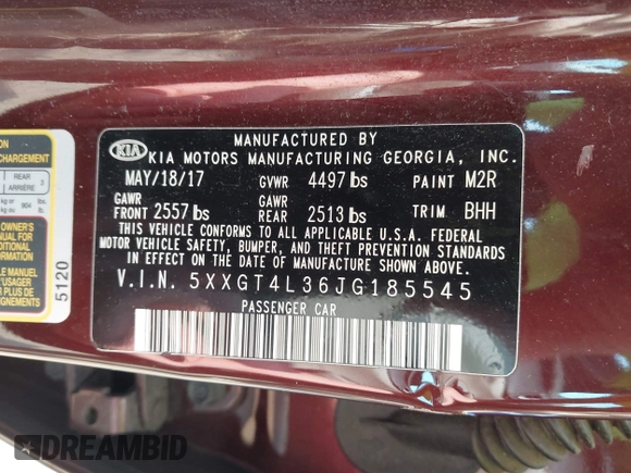 2018 Kia Optima LX with VIN 5XXGT4L36JG185545, listed as a IAAI auction lot 42434301 with 118,303 mi miles and . Bid and sale history available at DreamBid. Image 9.