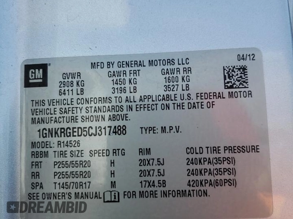 2012 Chevrolet Traverse 1LT with VIN 1GNKRGED5CJ317488, listed as a Copart auction lot 52741925 with 163,422 mi miles and Salvage Title. Bid and sale history available at DreamBid. Image 15.