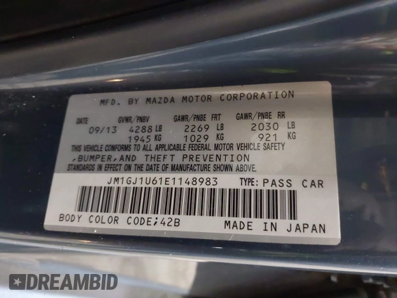 2014 Mazda 6 i Sport with VIN JM1GJ1U61E1148983, listed as a IAAI auction lot 41977553 with 100,668 mi miles and . Bid and sale history available at DreamBid. Image 9.