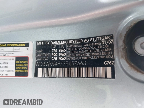 2007 Mercedes-Benz SLK 280 with VIN WDBWK54F77F157563, listed as a IAAI auction lot 42683146 with 144,298 mi miles and . Bid and sale history available at DreamBid. Image 9.