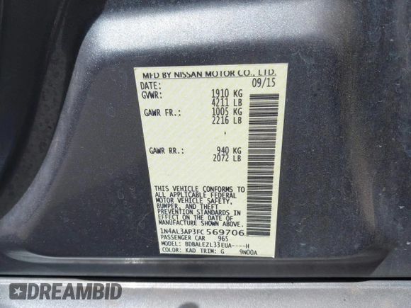 2015 Nissan Altima SV with VIN 1N4AL3AP3FC569706, listed as a IAAI auction lot 41820987 with 169,338 mi miles and . Bid and sale history available at DreamBid. Image 9.