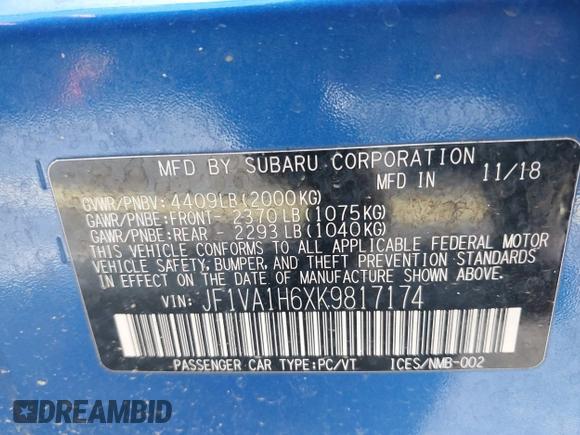 2019 Subaru WRX Limited with VIN JF1VA1H6XK9817174, listed as a IAAI auction lot 38958002 with 104,641 mi miles and . Bid and sale history available at DreamBid. Image 9.