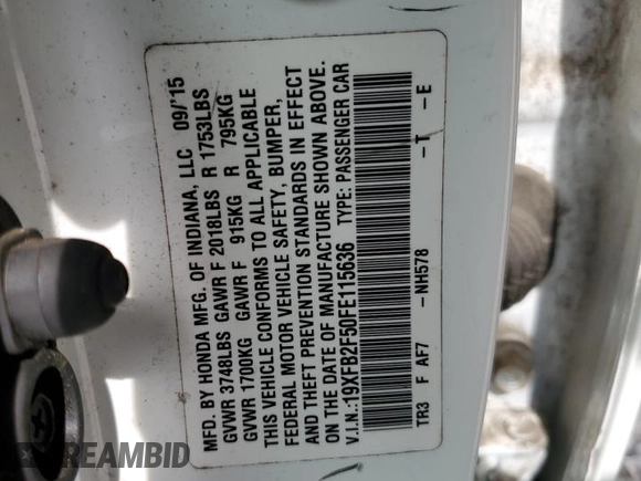 2015 Honda Civic LX with VIN 19XFB2F50FE115636, listed as a Copart auction lot 53855065 with Not Provided miles and Salvage Title. Bid and sale history available at DreamBid. Image 12.