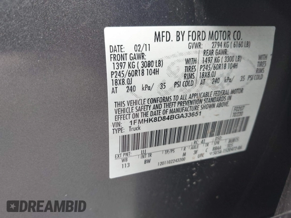 2011 Ford Explorer XLT with VIN 1FMHK8D84BGA33651, listed as a IAAI auction lot 40504832 with 174,066 mi miles and . Bid and sale history available at carsss.com. Image 9.