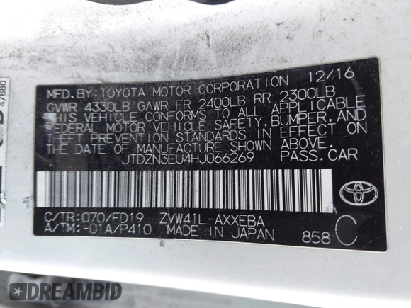 2017 Toyota Prius v Two with VIN JTDZN3EU4HJ066269, listed as a IAAI auction lot 41648895 with 130,727 mi miles. Bid and sale history available at carsss.com. Image 9.