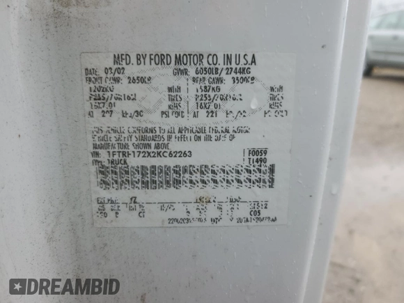 2002 Ford F-150 XL with VIN 1FTRF172X2KC62263, listed as a Copart auction lot 49174555 with Not provided miles and Salvage title. Bid and sale history available at DreamBid. Image 13.