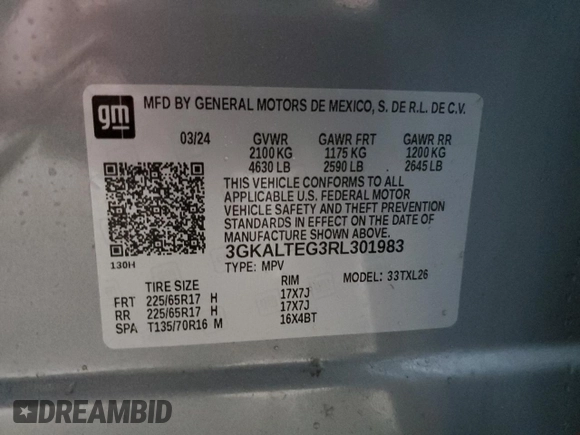 2024 GMC Terrain SLE with VIN 3GKALTEG3RL301983, listed as a Copart auction lot 42674035 with 6,020 mi miles and Salvage Title. Bid and sale history available at DreamBid. Image 15.