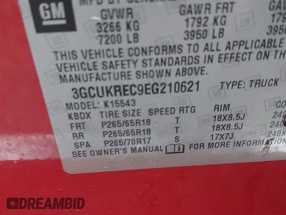 2014 Chevrolet Silverado 1500 LT with VIN 3GCUKREC9EG210621, listed as a IAAI auction lot 42011581 with Not Provided miles and . Bid and sale history available at DreamBid. Image 9.