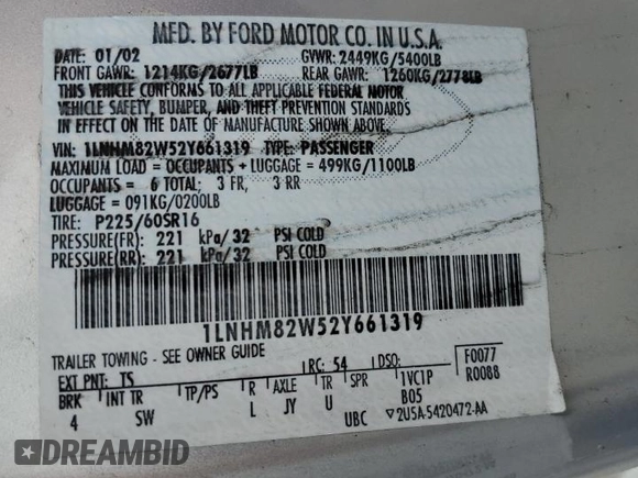 2002 Lincoln Town Car Signature z VIN 1LNHM82W52Y661319, wystawiony jako Copart lot #47887325 z przebiegiem 88 713 mil mil oraz Szkoda całkowita • Salvage title. Historia ofert i sprzedaży dostępna na DreamBid. Obrazek 12.