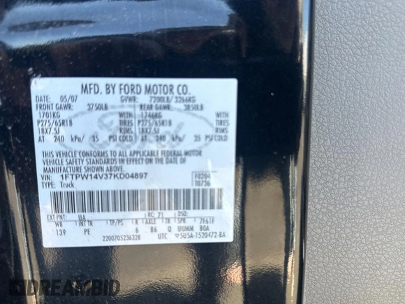 2007 Ford F-150 XLT with VIN 1FTPW14V37KD04897, listed as a Copart auction lot 66037465 with 188,945 mi miles and Clean title. Bid and sale history available at DreamBid. Image 11.