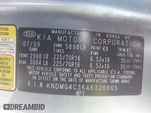 2010 Kia Sedona LX with VIN KNDMG4C36A6326605, listed as a IAAI auction lot 41902646 with 0 mi miles. Bid and sale history available at carsss.com. Image 9.