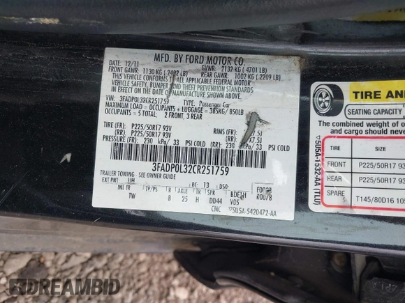 2012 Ford Fusion Hybrid with VIN 3FADP0L32CR251759, listed as a IAAI auction lot 42375826 with Not provided miles and . Bid and sale history available at DreamBid. Image 9.