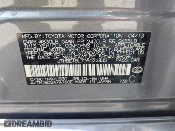 2013 Lexus GS 350 z VIN JTHBE1BL7D5022432, wystawiony jako IAAI lot #42500337 z przebiegiem 206 626 mil mil oraz . Historia ofert i sprzedaży dostępna na DreamBid. Obrazek 9.
