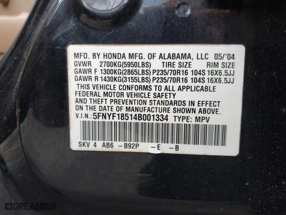 2004 Honda Pilot EX with VIN 5FNYF18514B001334, listed as a IAAI auction lot 41754663 with 208,514 mi miles. Bid and sale history available at carsss.com. Image 9.