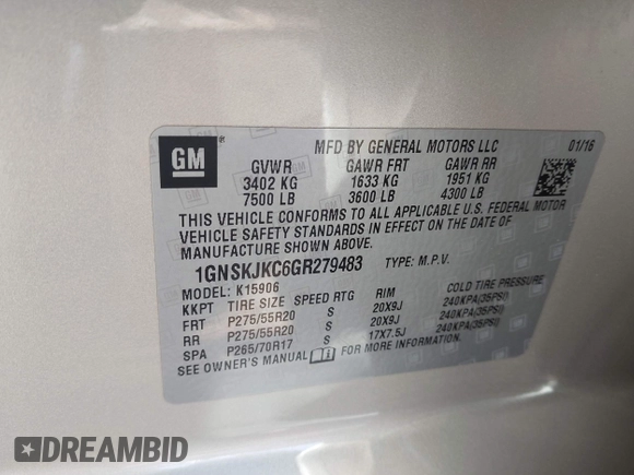 2016 Chevrolet Suburban LTZ with VIN 1GNSKJKC6GR279483, listed as a IAAI auction lot 41973085 with 171,176 mi miles and . Bid and sale history available at DreamBid. Image 9.