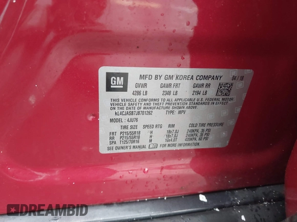 2018 Buick Encore Preferred with VIN KL4CJASB7JB701262, listed as a IAAI auction lot 41717933 with 55,321 mi miles. Bid and sale history available at carsss.com. Image 9.
