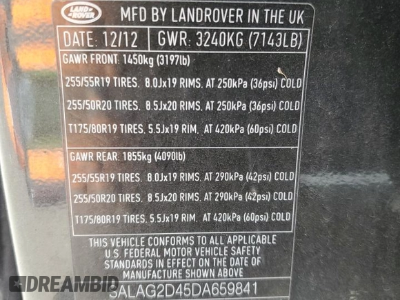 2013 Land Rover LR4 HSE with VIN SALAG2D45DA659841, listed as a Copart auction lot 54620425 with 114,882 mi miles and Salvage title. Bid and sale history available at DreamBid. Image 14.