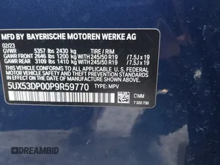 2023 BMW X3 xDrive30i with VIN 5UX53DP00P9R59770, listed as a IAAI auction lot 42054590 with 21,287 mi miles and . Bid and sale history available at DreamBid. Image 9.