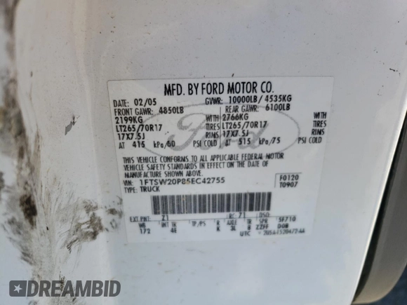 2005 Ford F-250 XL with VIN 1FTSW20P85EC42755, listed as a Copart auction lot 59545484 with Not Provided miles and Salvage Title. Bid and sale history available at DreamBid. Image 12.