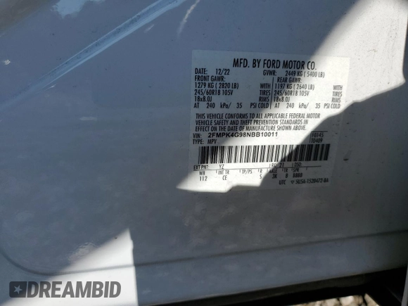 2022 Ford Edge SE with VIN 2FMPK4G98NBB10011, listed as a Copart auction lot 56198525 with 35,343 mi miles and Salvage title. Bid and sale history available at DreamBid. Image 14.