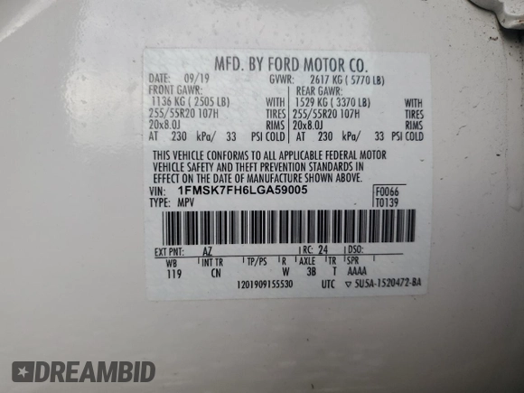 2020 Ford Explorer Limited с VIN 1FMSK7FH6LGA59005, выставлен на аукционе Copart как лот 64238745 с пробегом 24 421 миль миль и Списание • Salvage title. История ставок и продаж доступна на DreamBid. Изображение 13.
