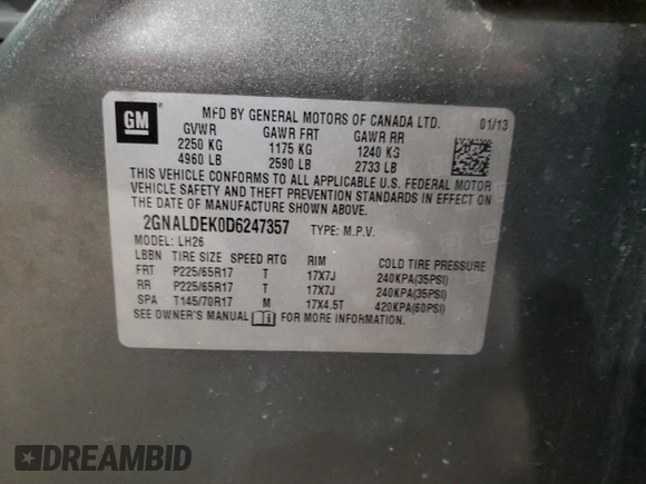 2013 Chevrolet Equinox LT with VIN 2GNALDEK0D6247357, listed as a Copart auction lot 45310265 with 129,616 mi miles and Salvage Title. Bid and sale history available at carsss.com. Image 15.