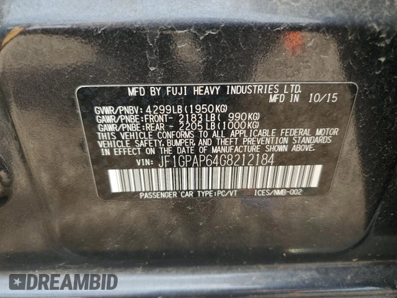 2016 Subaru Impreza Special Sports Premium с VIN JF1GPAP64G8212184, выставлен на аукционе Copart как лот 57469245 с пробегом 146 414 миль миль и Списание • Salvage title. История ставок и продаж доступна на DreamBid. Изображение 12.