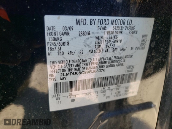 2009 Lincoln MKX with VIN 2LMDU68C99BJ08376, listed as a Copart auction lot 48208483 with 182,022 mi miles and Salvage Title. Bid and sale history available at DreamBid. Image 15.