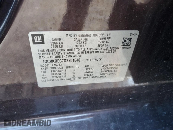 2016 Chevrolet Silverado 1500 LT with VIN 1GCVKREC7GZ251840, listed as a Copart auction lot 87117034 with 112,042 mi miles and Salvage Title. Bid and sale history available at carsss.com. Image 12.