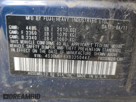 2011 Subaru Legacy Premium with VIN 4S3BMBF6XB3250447, listed as a Copart auction lot 51492055 with 225,571 mi miles and Salvage title. Bid and sale history available at DreamBid. Image 12.