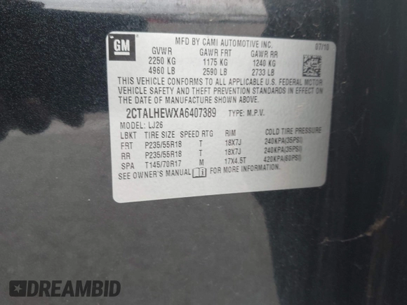 2010 GMC Terrain SLT-2 with VIN 2CTALHEWXA6407389, listed as a IAAI auction lot 41922327 with 100,813 mi miles and . Bid and sale history available at carsss.com. Image 9.