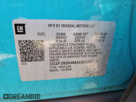2021 Chevrolet Bolt EV Premier with VIN 1G1FZ6S04M4102523, listed as a Copart auction lot 42996763 with 34,357 mi miles. Bid and sale history available at carsss.com. Image 12.