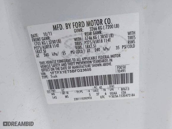 2011 Ford F-150 XL with VIN 1FTFX1ET5BFD23605, listed as a IAAI auction lot 38740666 with 117,771 mi miles. Bid and sale history available at carsss.com. Image 9.