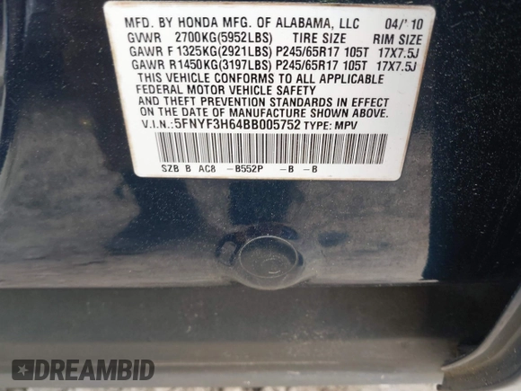 2011 Honda Pilot EX-L with VIN 5FNYF3H64BB005752, listed as a IAAI auction lot 41845506 with 226,388 mi miles and . Bid and sale history available at DreamBid. Image 9.