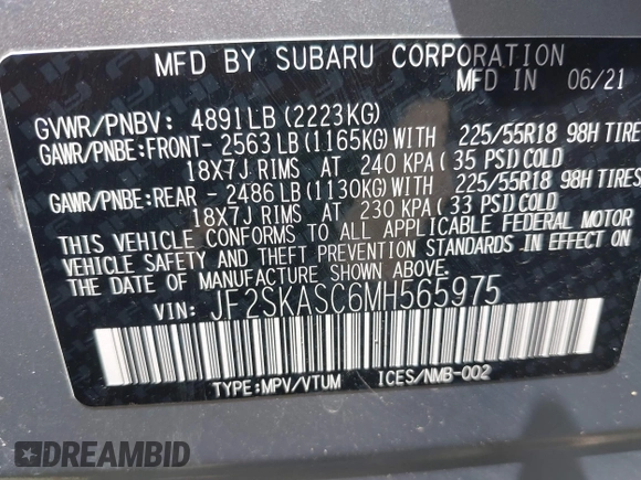 2021 Subaru Forester Limited with VIN JF2SKASC6MH565975, listed as a IAAI auction lot 42457391 with 47,318 mi miles and . Bid and sale history available at DreamBid. Image 9.
