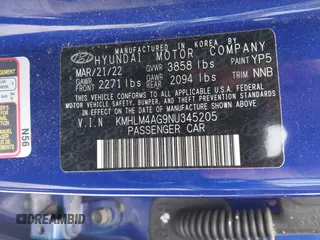 2022 Hyundai Elantra SEL with VIN KMHLM4AG9NU345205, listed as a IAAI auction lot 41953130 with 19,829 mi miles and . Bid and sale history available at DreamBid. Image 9.