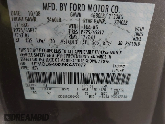 2009 Ford Escape Limited with VIN 1FMCU94G39KA87077, listed as a IAAI auction lot 42489357 with 192,533 mi miles and . Bid and sale history available at DreamBid. Image 9.