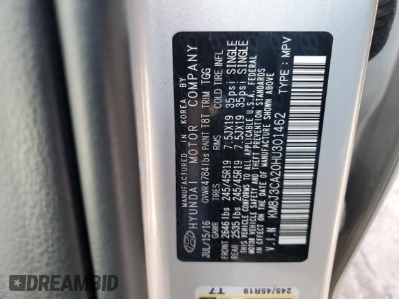 2017 Hyundai Tucson Sport with VIN KM8J3CA20HU301462, listed as a Copart auction lot 54178935 with 42,940 mi miles and Salvage Title. Bid and sale history available at DreamBid. Image 14.