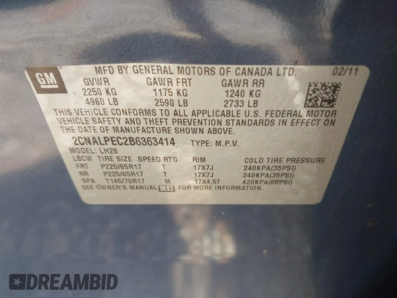 2011 Chevrolet Equinox LT w/2LT with VIN 2CNALPEC2B6363414, listed as a IAAI auction lot 41548463 with 80,769 mi miles. Bid and sale history available at carsss.com. Image 9.