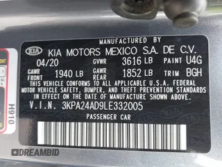2020 Kia Rio LX with VIN 3KPA24AD9LE332005, listed as a IAAI auction lot 41870210 with 71,777 mi miles and . Bid and sale history available at DreamBid. Image 9.