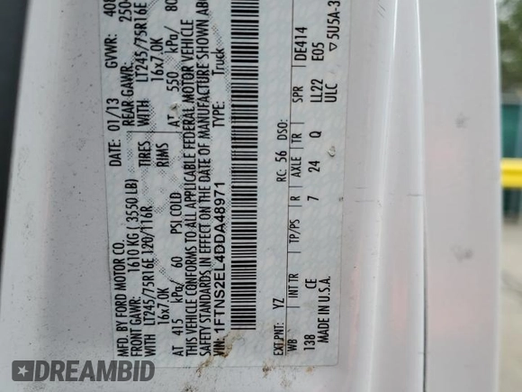 2013 Ford Econoline Cargo with VIN 1FTNS2EL4DDA48971, listed as a Copart auction lot 55052715 with 229,235 mi miles and Clean Title. Bid and sale history available at DreamBid. Image 13.