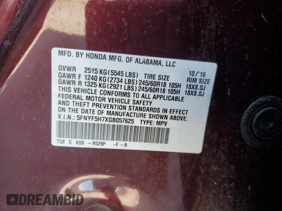 2016 Honda Pilot EX-L with VIN 5FNYF5H7XGB057625, listed as a Copart auction lot 44849425 with 161,941 mi miles and Salvage Title. Bid and sale history available at DreamBid. Image 13.