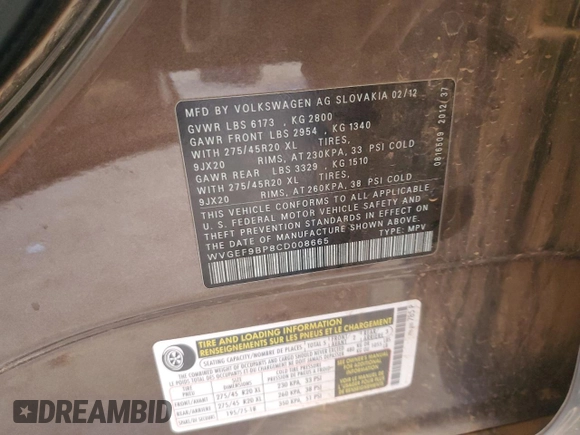 2012 Volkswagen Touareg Exec with VIN WVGEF9BP8CD008665, listed as a Copart auction lot 84611354 with 103,090 mi miles and Salvage Title. Bid and sale history available at DreamBid. Image 13.