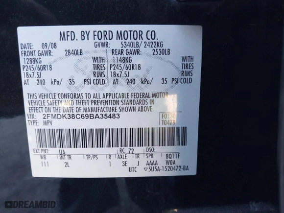 2009 Ford Edge SEL with VIN 2FMDK38C69BA35483, listed as a IAAI auction lot 41252120 with 238,736 mi miles. Bid and sale history available at carsss.com. Image 9.