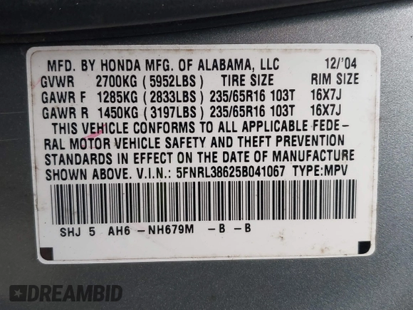 2005 Honda Odyssey EX-L with VIN 5FNRL38625B041067, listed as a IAAI auction lot 40519464 with 117,606 mi miles and . Bid and sale history available at carsss.com. Image 9.
