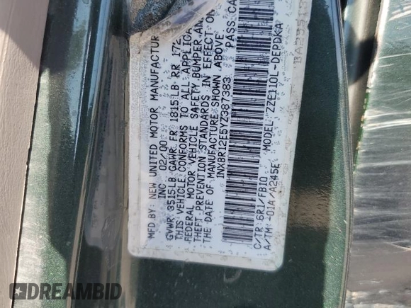 2000 Toyota Corolla VE with VIN 1NXBR12E5YZ387383, listed as a Copart auction lot 78931374 with 162,008 mi miles and Salvage title. Bid and sale history available at DreamBid. Image 13.