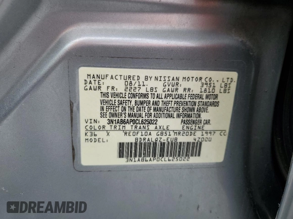 2012 Nissan Sentra SR with VIN 3N1AB6AP0CL625022, listed as a Copart auction lot 63008585 with Not provided miles and Non repairable. Bid and sale history available at DreamBid. Image 12.